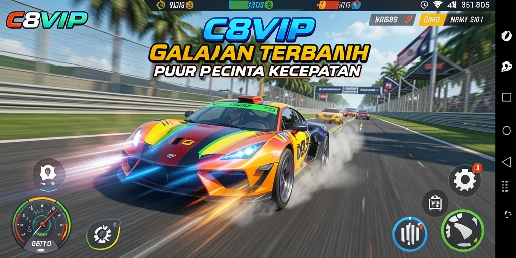 Screenshot utama C8VIP yang menampilkan aksi balapan seru dan mendebarkan.