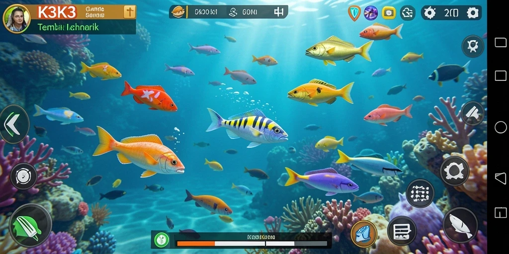 Gameplay K3K3 menampilkan aksi menembak ikan yang seru dan penuh warna.