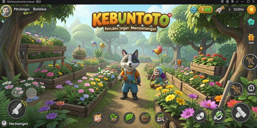 Tangkapan layar utama permainan KEBUNTOTO menampilkan aktivitas berkebun yang seru.