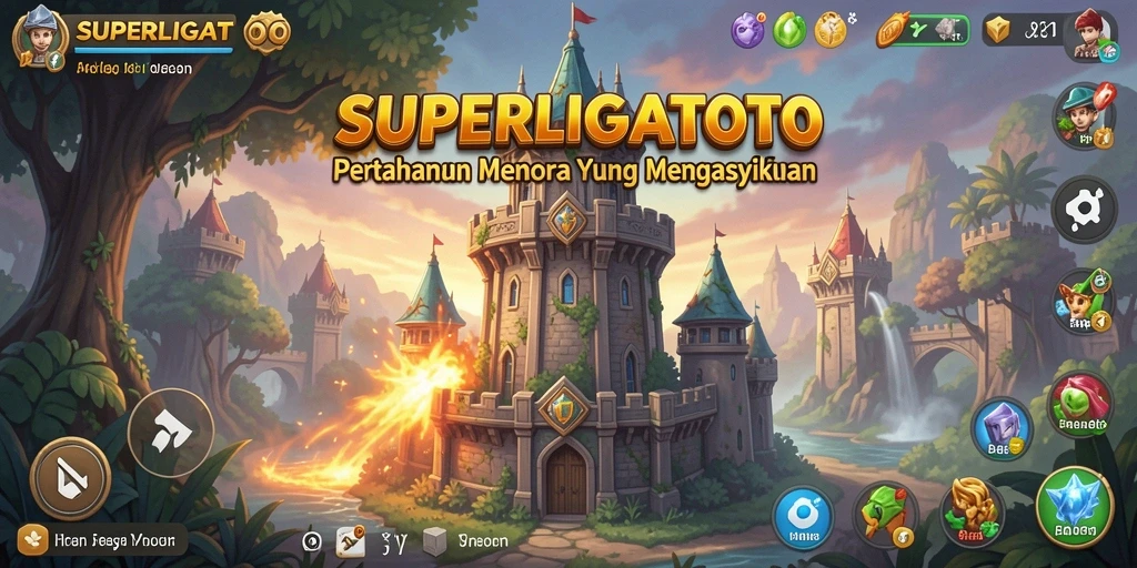 Screenshot SUPERLIGATOTO menunjukkan aksi pertahanan menara yang mendebarkan.