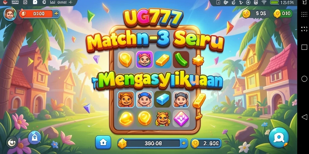 Screenshot utama UG777 memperlihatkan gameplay Match-3 dengan warna-warna cerah.