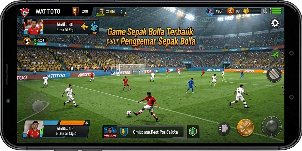 Tampilan gameplay WATITOTO dengan aksi sepak bola yang mendebarkan.