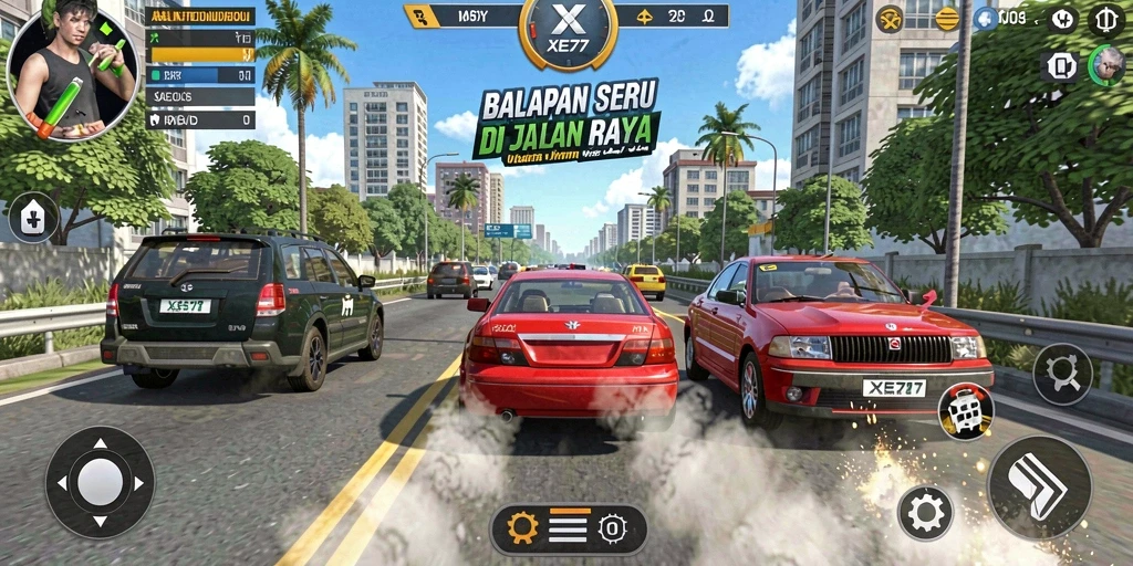 Tampilan gameplay XE77 yang mendebarkan dan penuh aksi balapan.