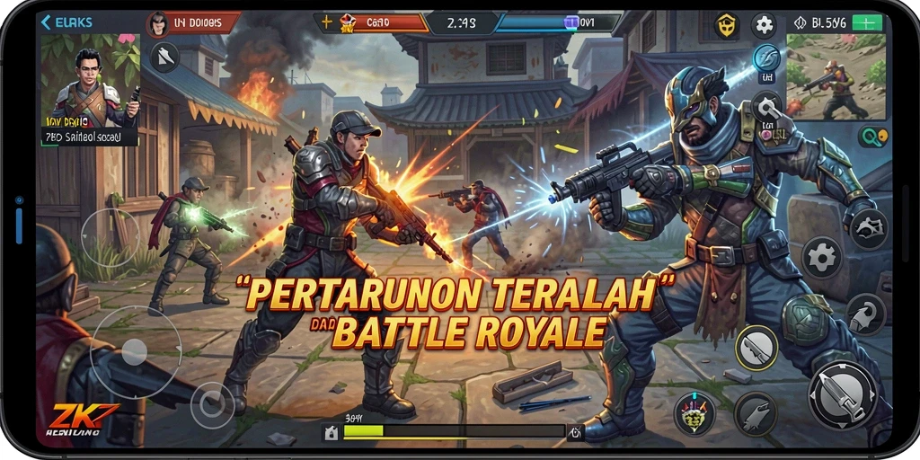 Tangkapan layar ZK7 menampilkan pertempuran intens dalam arena Battle Royale.
